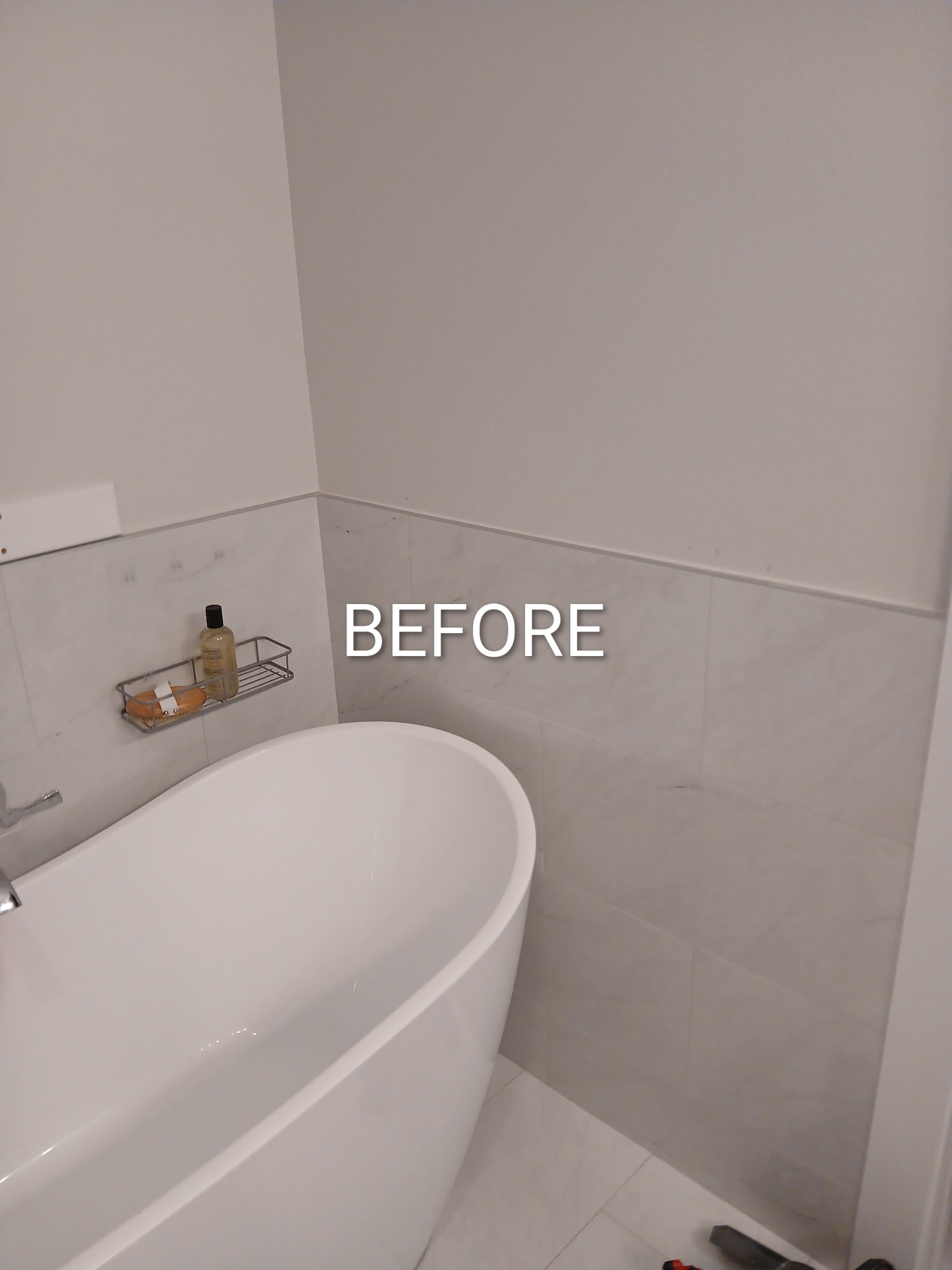 Bathroom before — bare walls, no rails